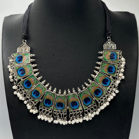 3/$30 Peacock Statement Necklace Silver Adjustable Fabric Cord Beaded Jewelry - Picture 4 of 11